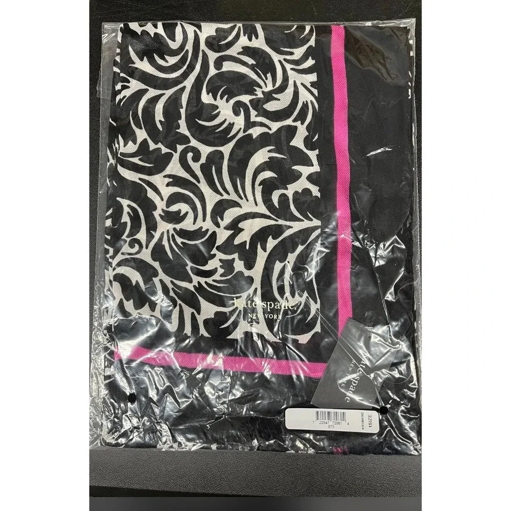 Kate Spade New York Flourish Swirl Oblong Scarf Bandana Black White Pink NWT $98